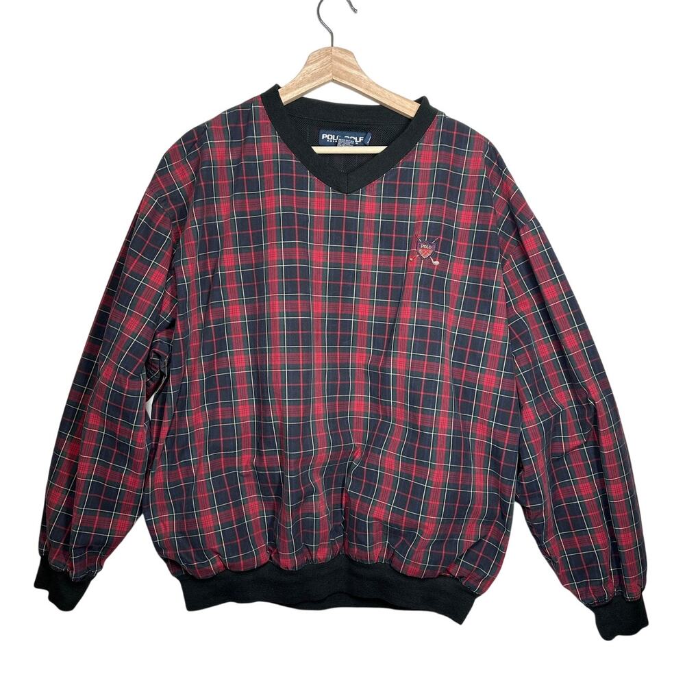 Polo Ralph Lauren Golf Crest Logo Tartan Plaid Vintage Windbreaker Waxed 90s L